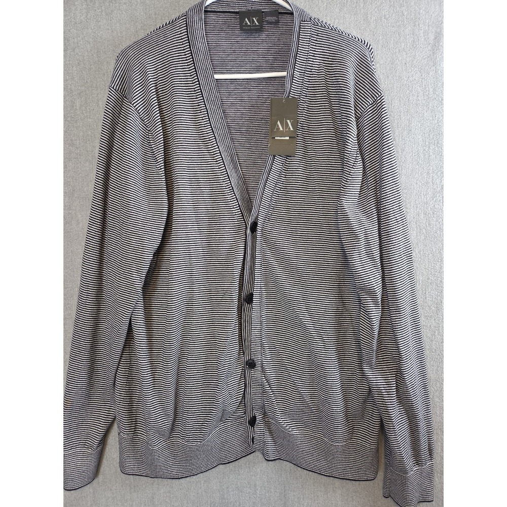 Armani Exchange Mens 2XL Cardigan Sweater Cashmere Blend Gray Striped NEW Defect